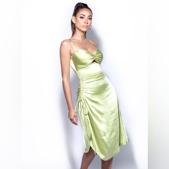 💚 Keira Olive Twist Front Side Slit Satin Dress 💚 - Picture 7 of 15